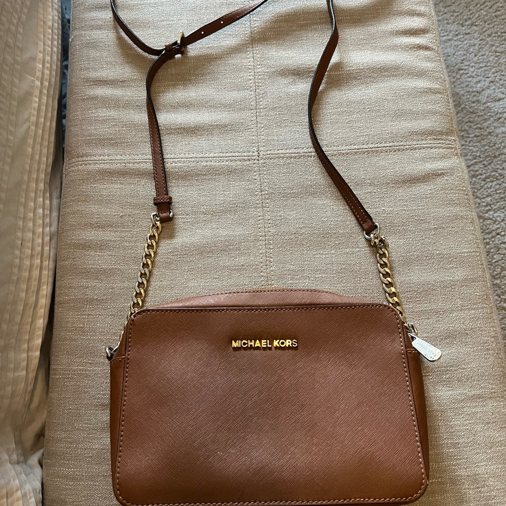 Michael Kors Leather Crossbody in Warm Brown with Gold Hardware
